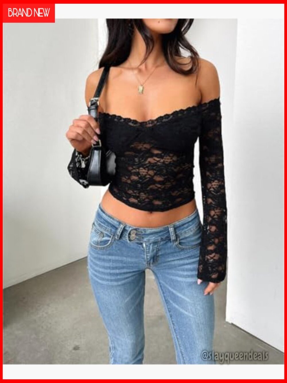 Off Shoulder Crop Top Long Sleeve Sheer Lace Backless Going Out - Picture 6 of 7